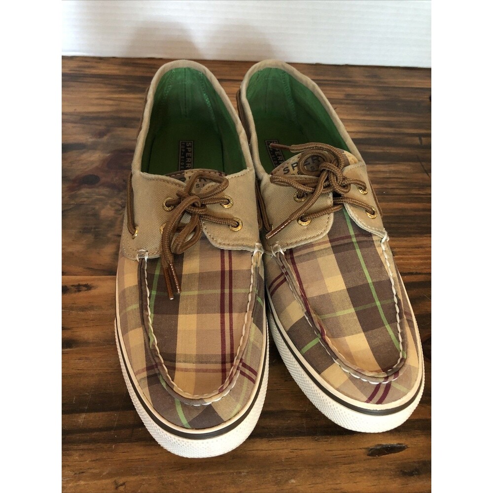 Women’s Size 11 Sperry Top Sider Boat  Houndstooth Tan Plaid Shoes 2-Eye 9774613